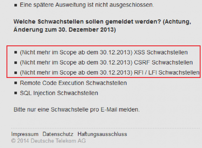German Telekom Bug Bounty Program Scope Changes Exclude Of 3 Bug Types Vulnerability Magazine Acknoweldgements Bug Bounties Security Research